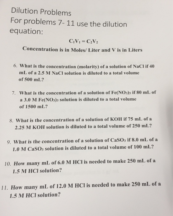 Solved Dilution Problems For Problems 7 11 Use The Dilution