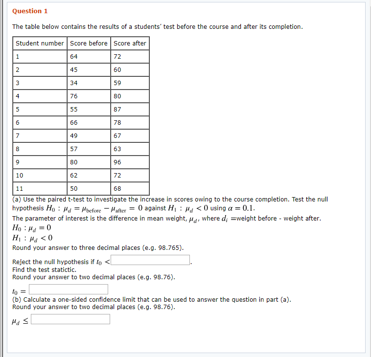 Solved Question 1 The table below contains the results of a | Chegg.com