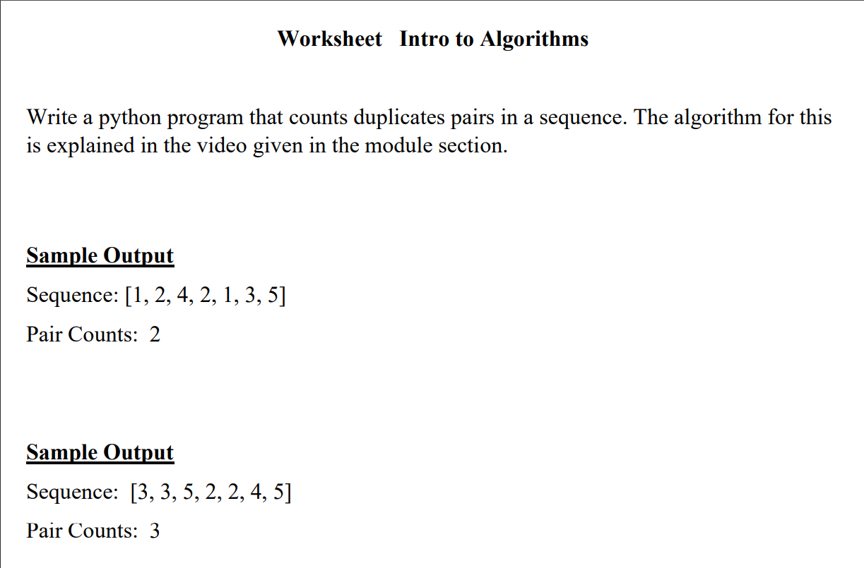 Worksheet Intro to Algorithms Write a python program  Chegg.com