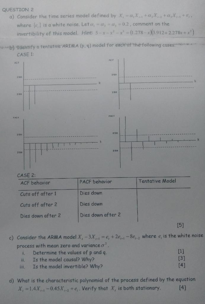 QUESTION 2 a) Consider the time series model defined | Chegg.com