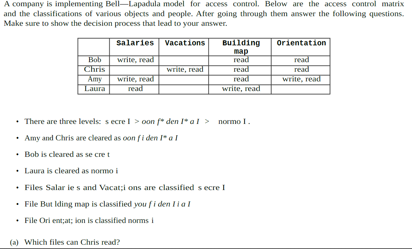 A company is implementing Bell-Lapadula model for access control. Below are the access control matrix and the classifications