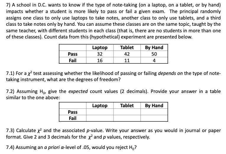 Solved 7) A school in D.C. wants to know if the type of | Chegg.com