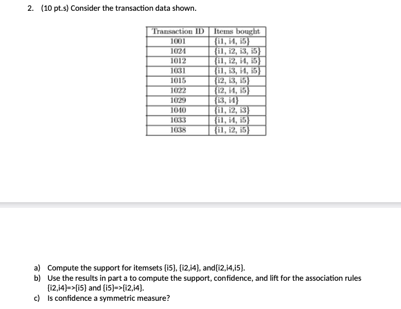 Solved 2 10 Pt S Consider The Transaction Data Shown A