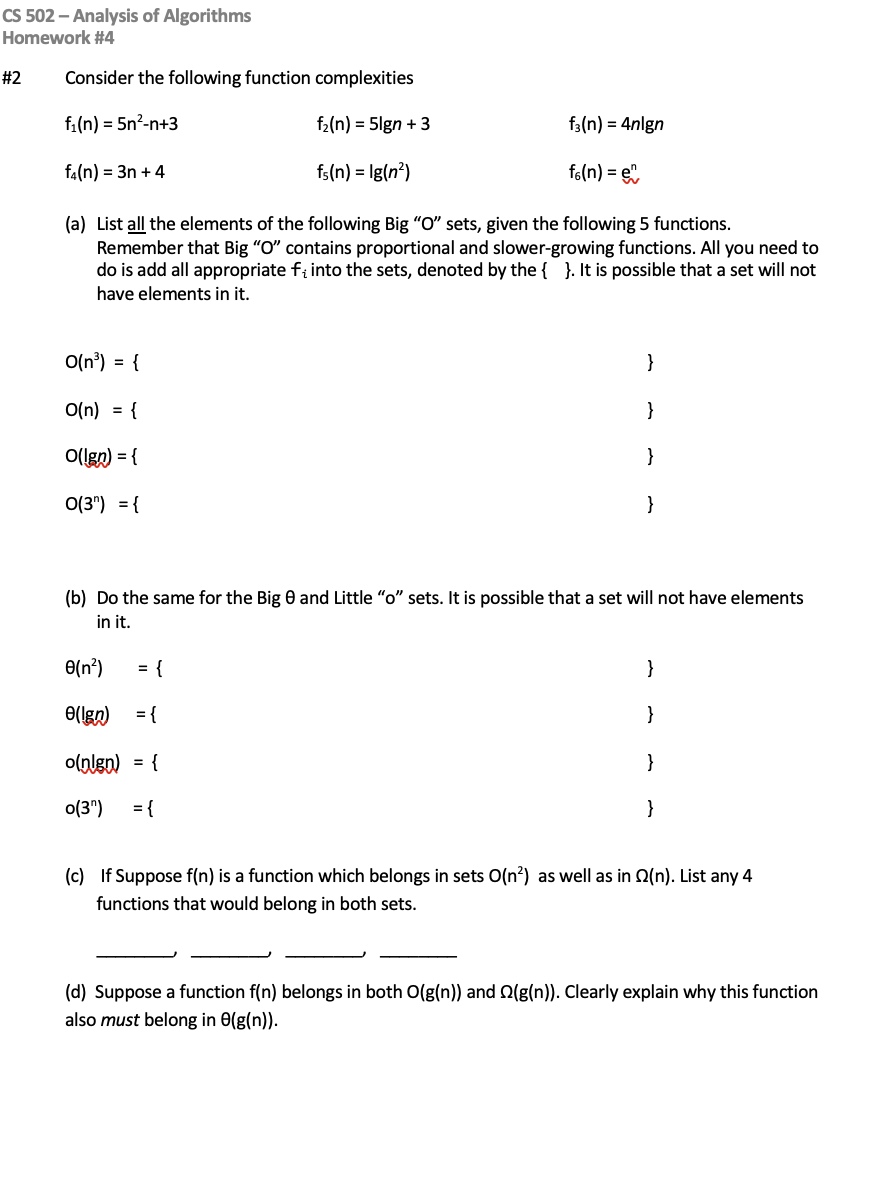 Solved Consider The Following Function Complexities | Chegg.com