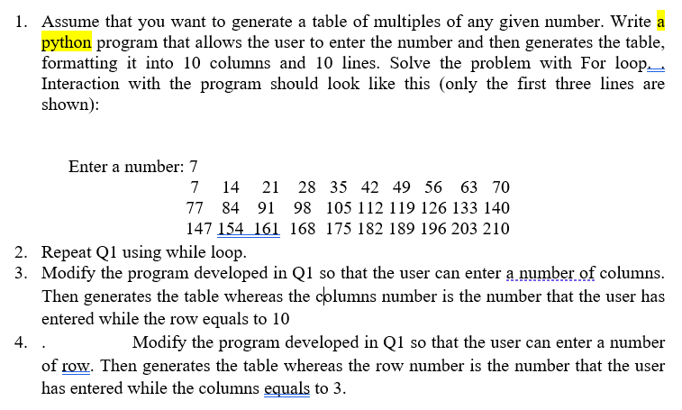 Solved 1. Assume that you want to generate a table of | Chegg.com