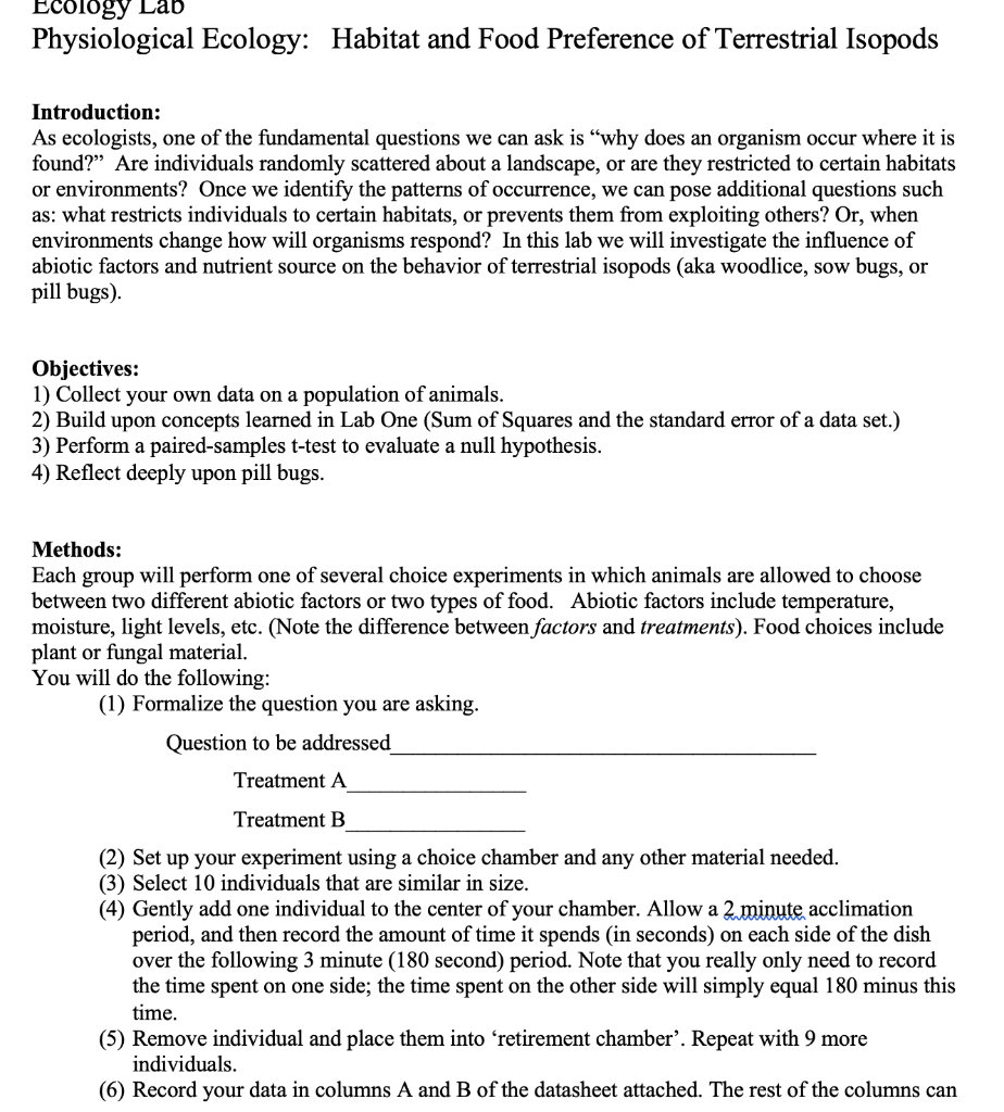 Ecology Lab Physiological Ecology: Habitat and Food | Chegg.com