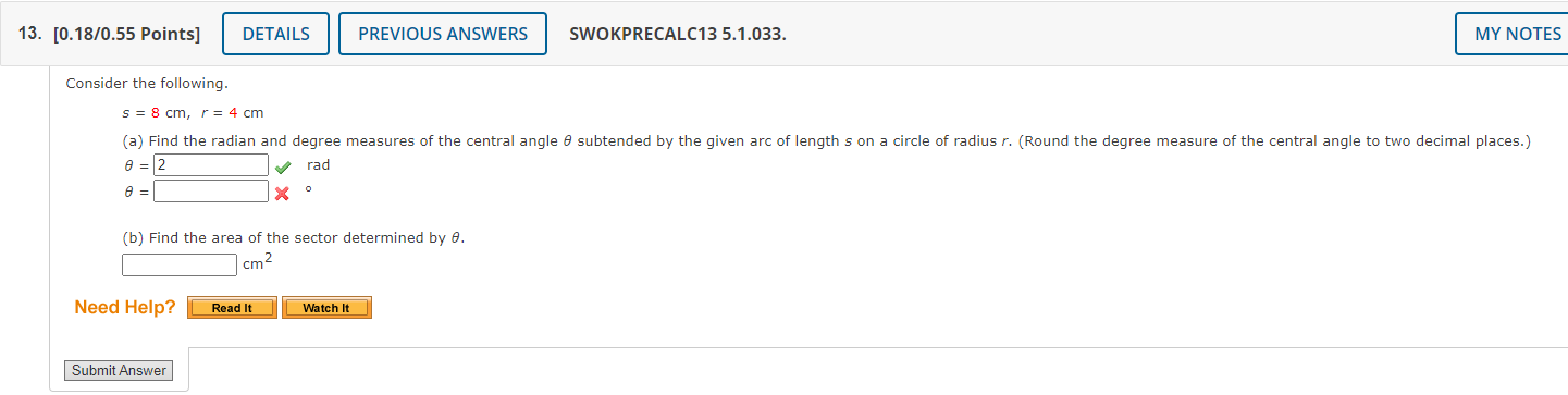 Solved Consider the following. s=8 cm,r=4 cm θ= ×∘ (b) Find | Chegg.com