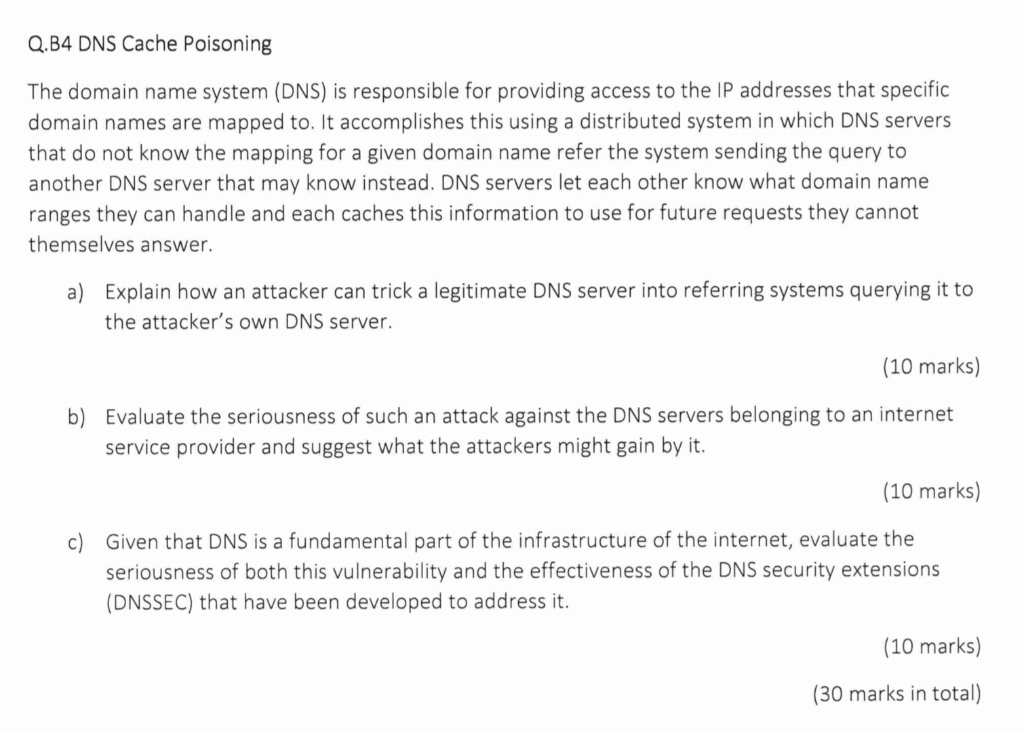 Q.B4 DNS Cache Poisoning The domain name system (DNS) is responsible for providing access to the IP addresses that specific d