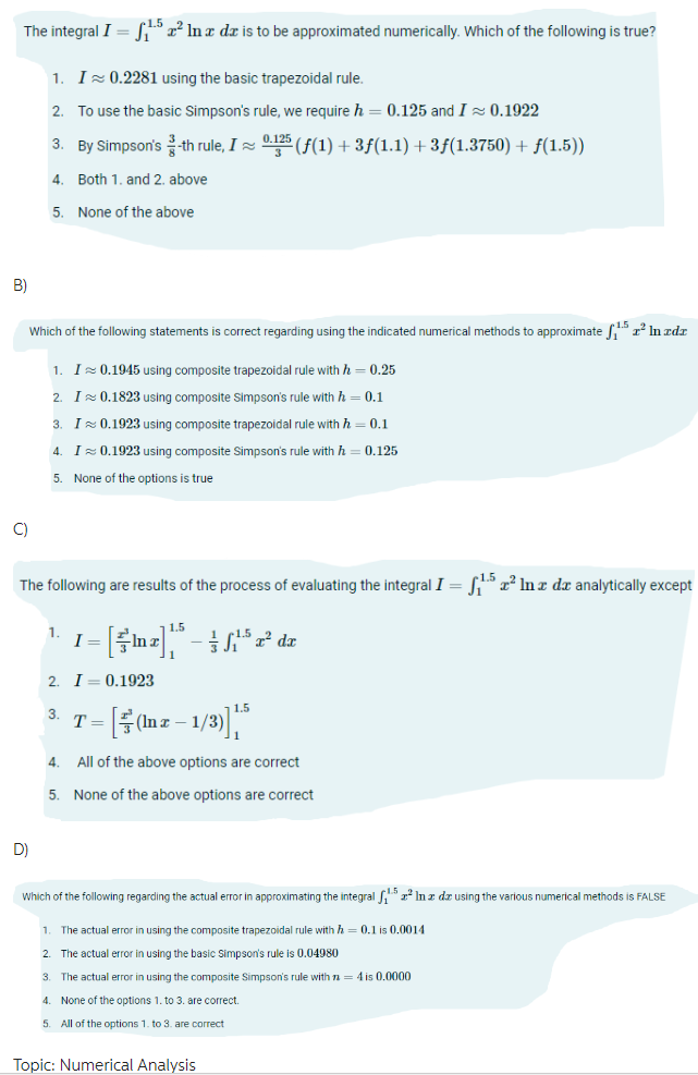 Solved The integral \\( I=\\int_{1}^{1.5} x^{2} \\ln x d x | Chegg.com