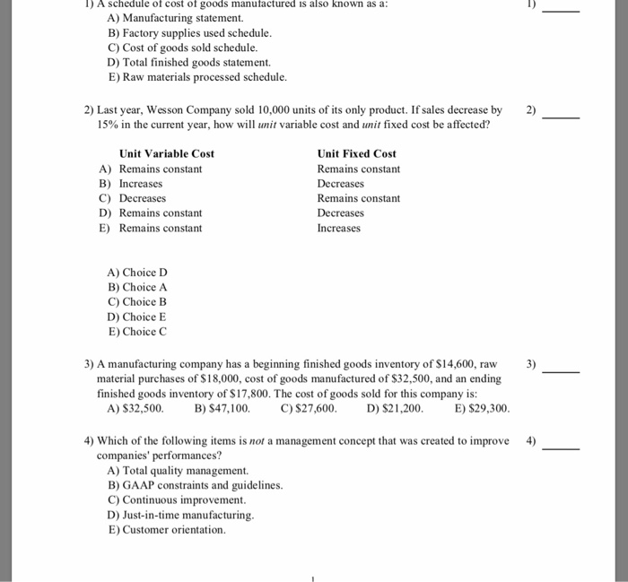 Solved I) A schedule of cost of goods manufactured is also