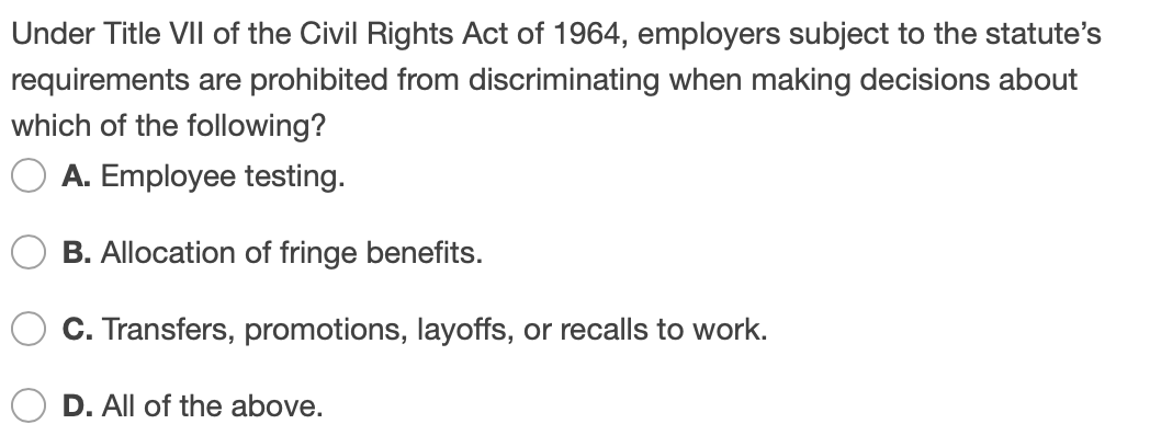 Solved Under Title VII of the Civil Rights Act of 1964, | Chegg.com