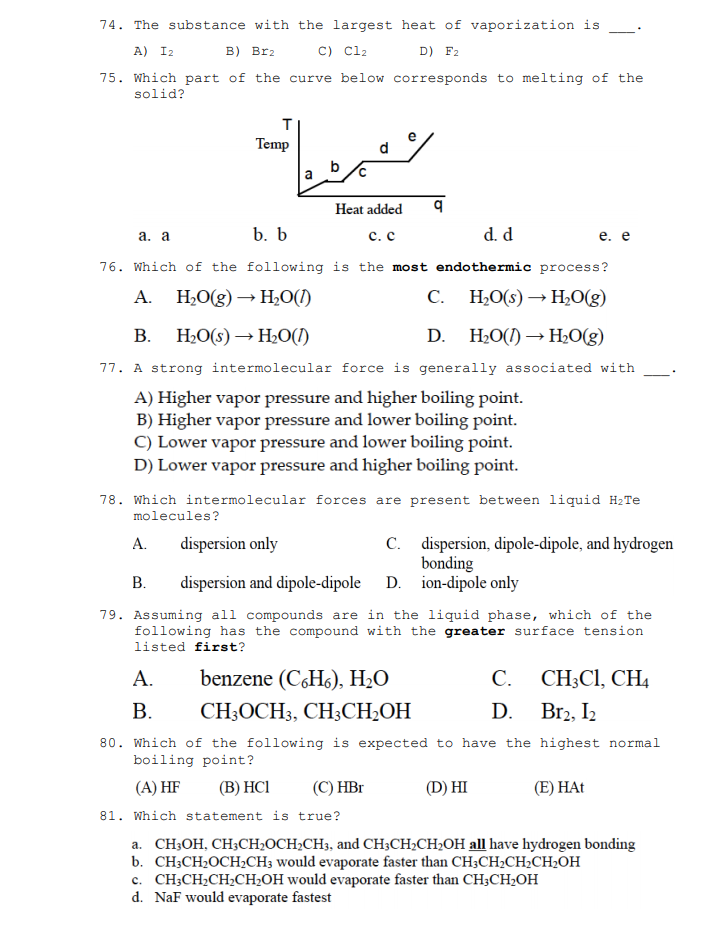 Solved 74. The substance with the largest heat of | Chegg.com