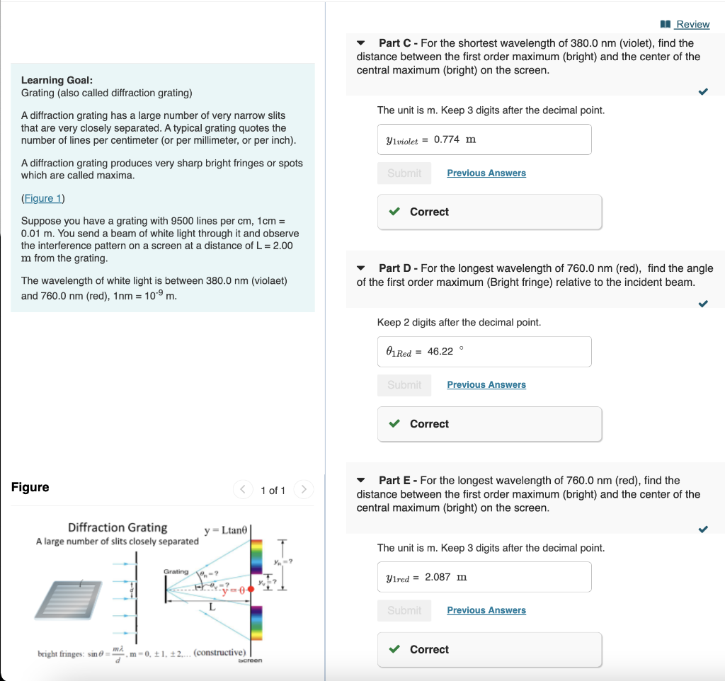 Solved A Diffraction Grating Produces Very Sharp Bright | Chegg.com