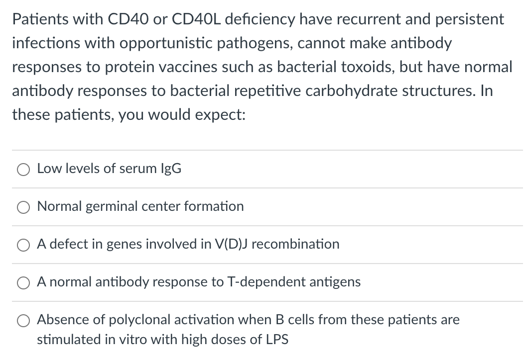Solved Patients with CD40 or CD40L deficiency have recurrent | Chegg.com