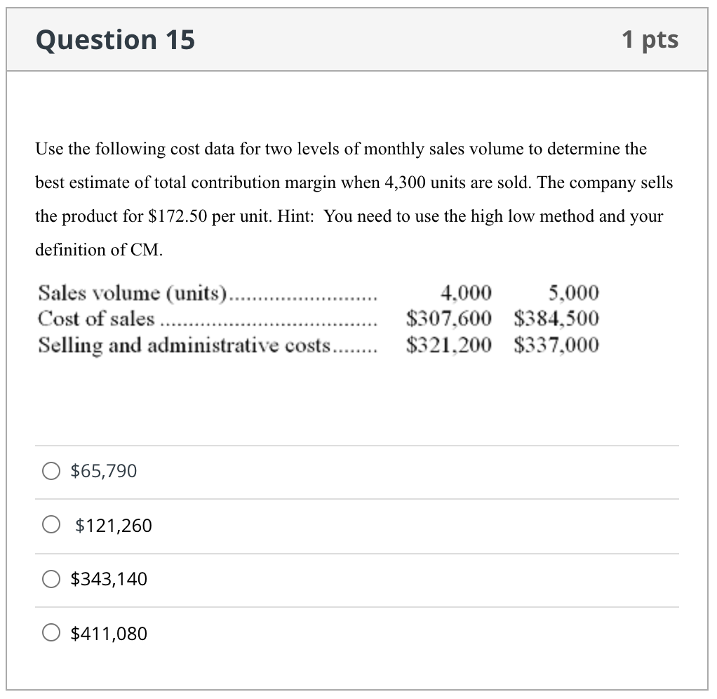 Solved Question 15 1 pts Use the following cost data for two