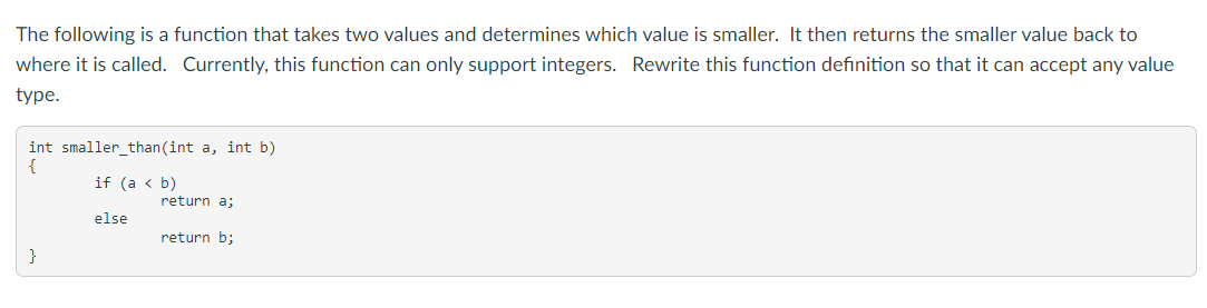 Solved The following is a function that takes two values and | Chegg.com