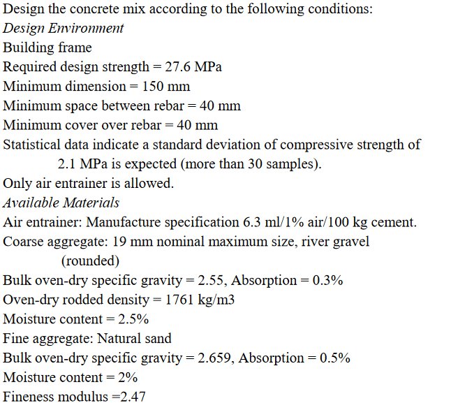 Solved Design the concrete mix according to the following