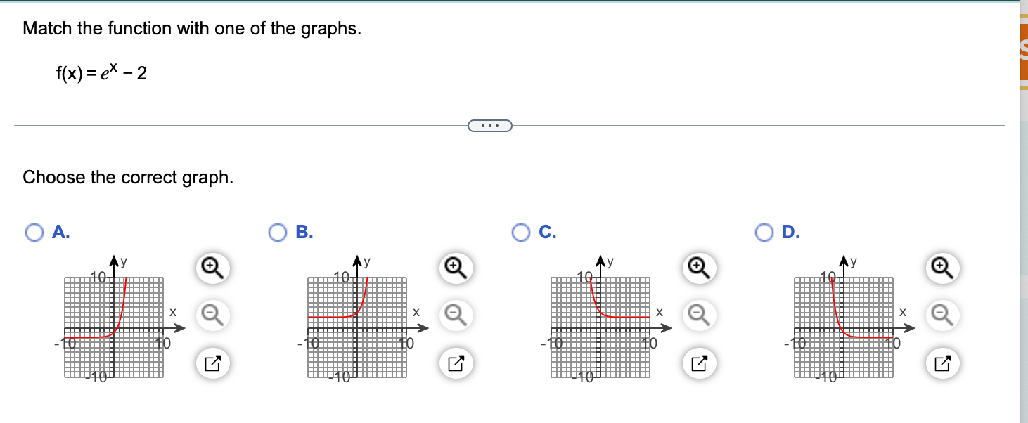 Solved Match the function with one of the graphs. f(x)=ex−2 | Chegg.com