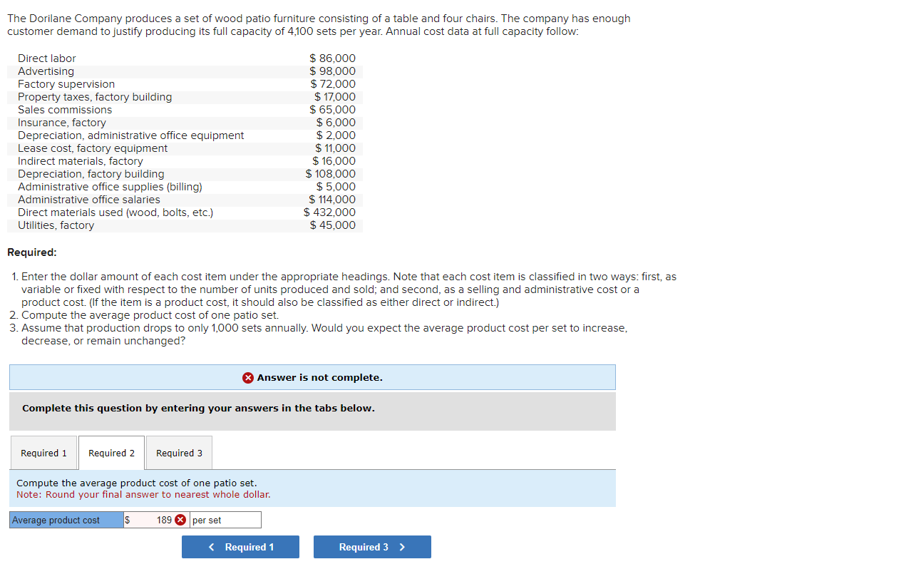 Solved The Dorilane Company produces a set of wood patio