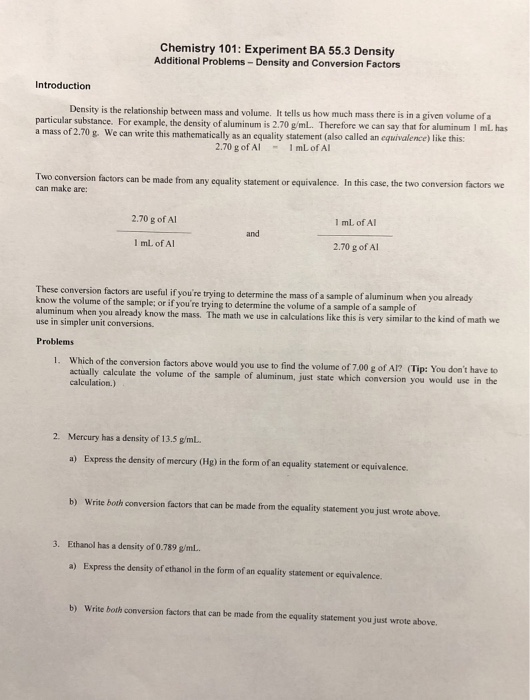 Solved Chemistry 101: Experiment BA 55.3 Density Additional | Chegg.com