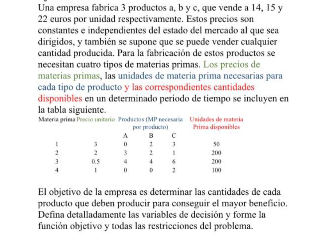 Una empresa fabrica 3 productos a, b y c, que vende a \( 14,15 \mathrm{y} \) 22 euros por unidad respectivamente. Estos preci