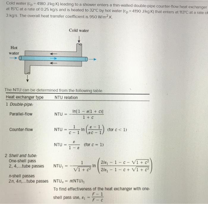 Solved Cold water (Cp at 15°C at a rate of 0.25 kg/s and is