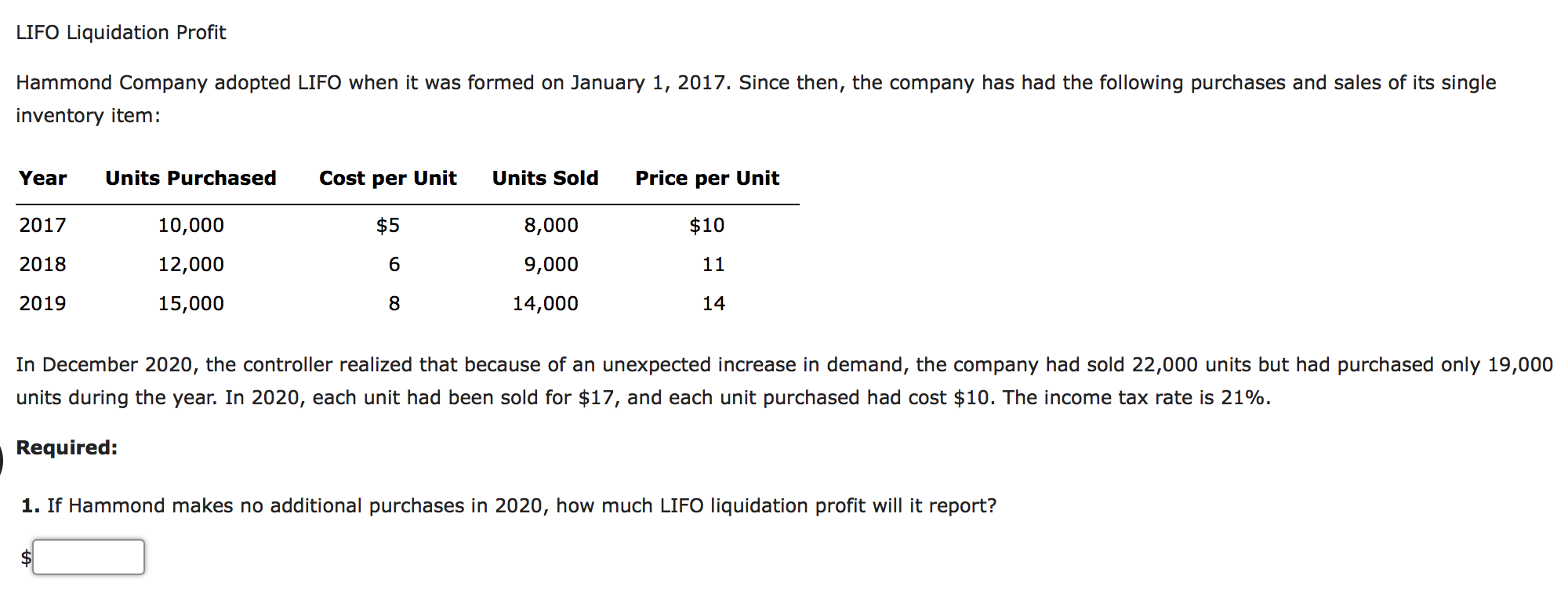 LIFO Liquidation Profit Hammond Company adopted LIFO | Chegg.com