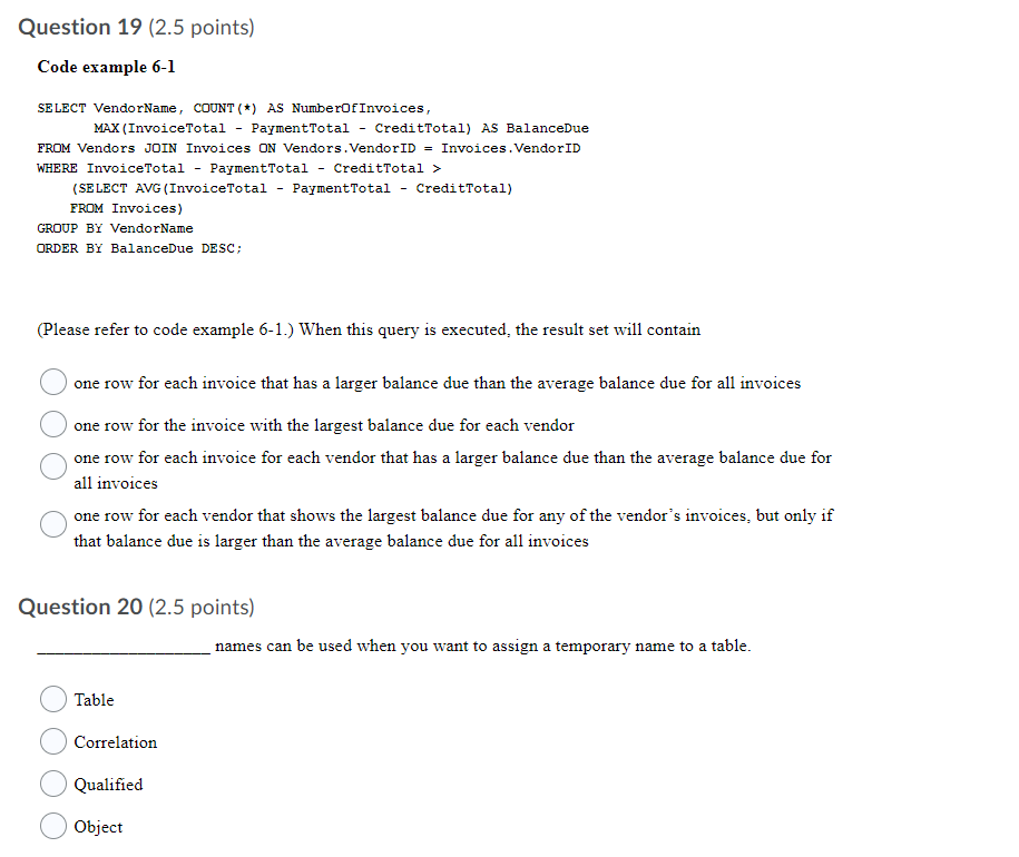 Solved Question 17 2.5 points The CREATE DATABASE Chegg