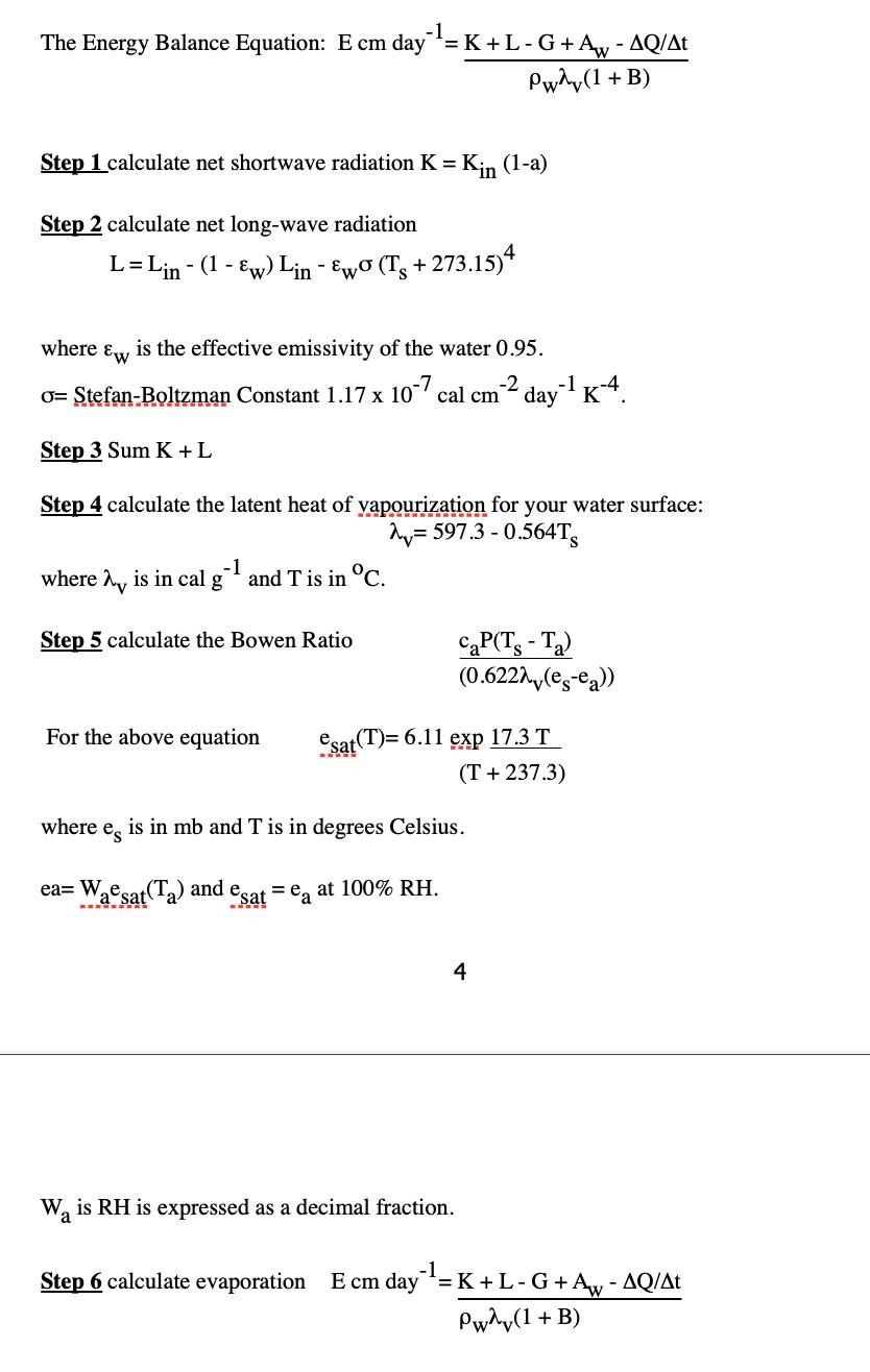 1 The Energy Balance Equation E cm day ?= K+LG+Aw