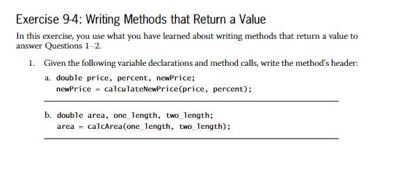 Solved Exercise 9-4: Writing Methods that Return a Value In | Chegg.com