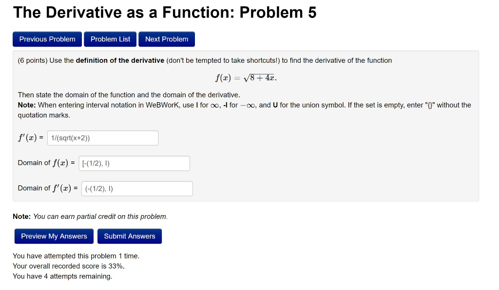 Solved The Derivative as a Function: Problem 5 Previous | Chegg.com