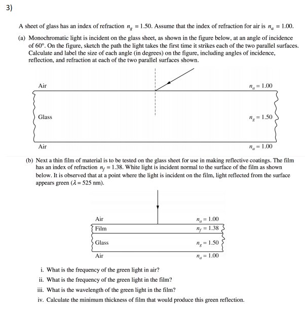 Solved 3) A sheet of glass has an index of refraction n, =
