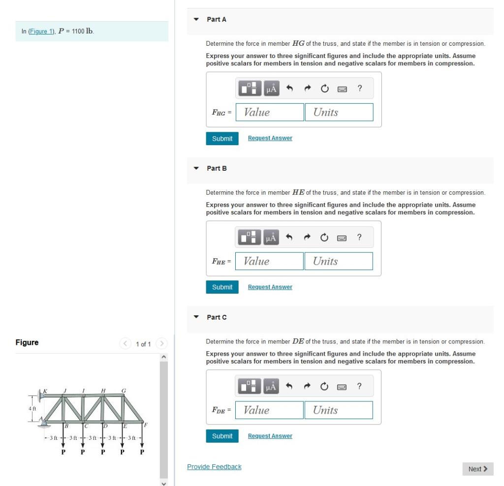 Solved P=1100lb Determine the force in member HG of the | Chegg.com