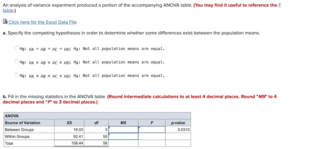 Solved An analysis of variance experiment produced a portion | Chegg.com