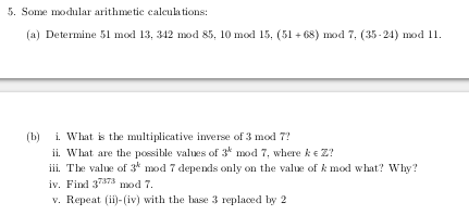 Solved 5. Some Modular Arithmetic Calcula Tions: (a) | Chegg.com