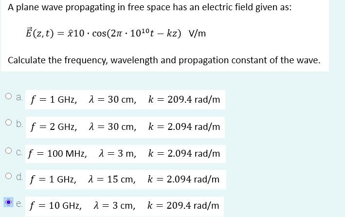 Solved A plane wave propagating in free space has an | Chegg.com