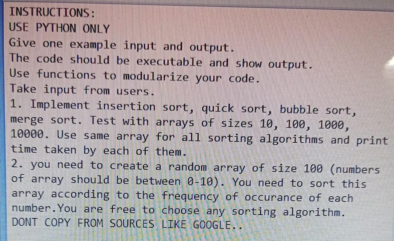Solved INSTRUCTIONS: USE PYTHON ONLY Give one example input | Chegg.com