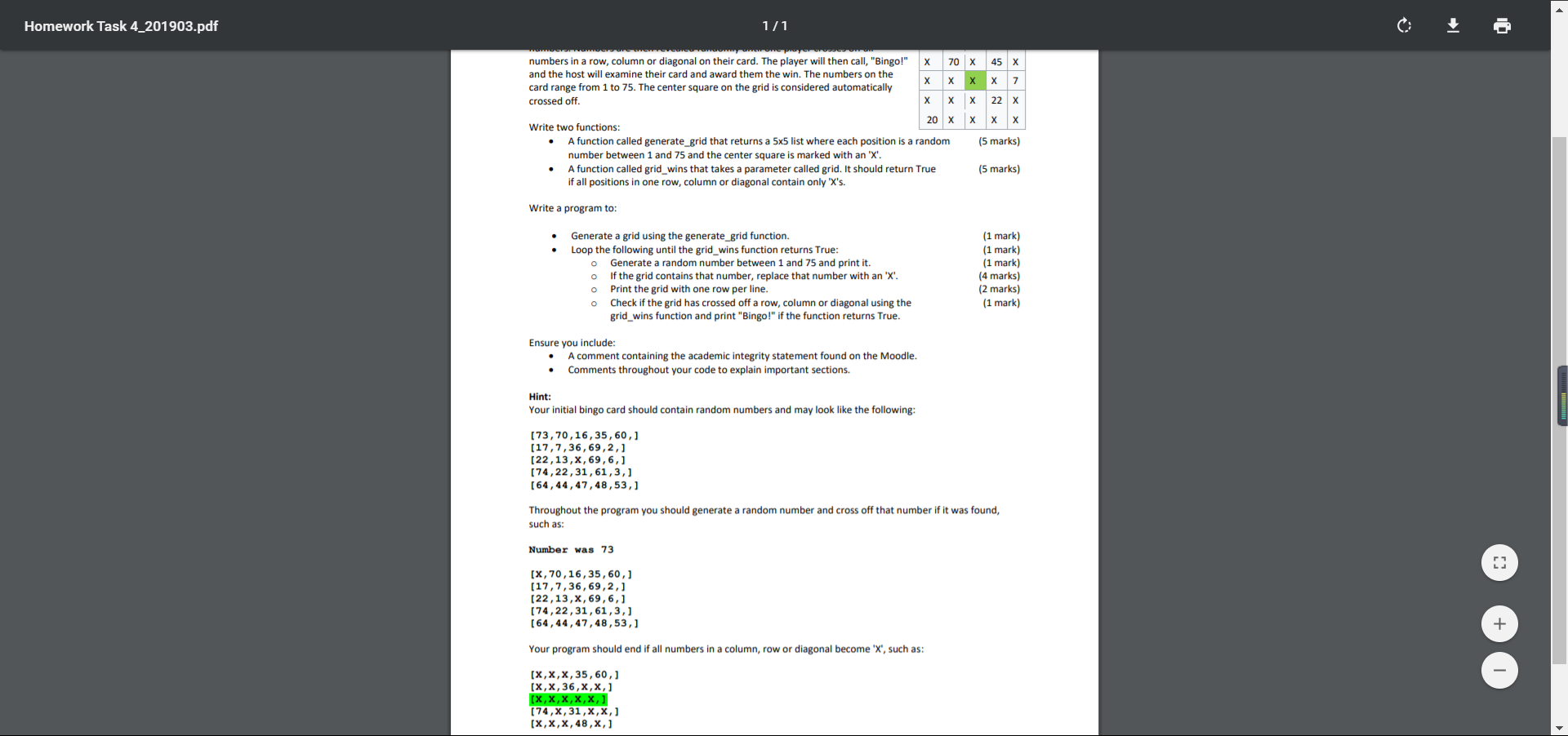 Homework Task 4_201903.pdf 1/1 numbers in a row, column or diagonal on their card. The player will then call, Bingo! 70 x 4