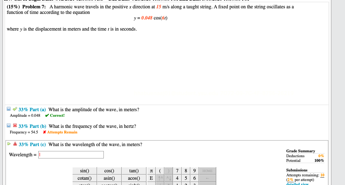 Solved (15%) Problem 7: A harmonic wave travels in the | Chegg.com