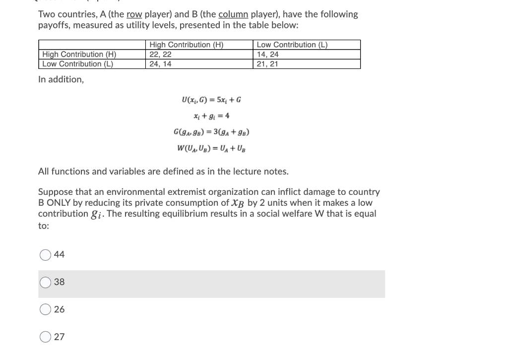 Solved Two Countries, A (the Row Player) And B (the Column | Chegg.com