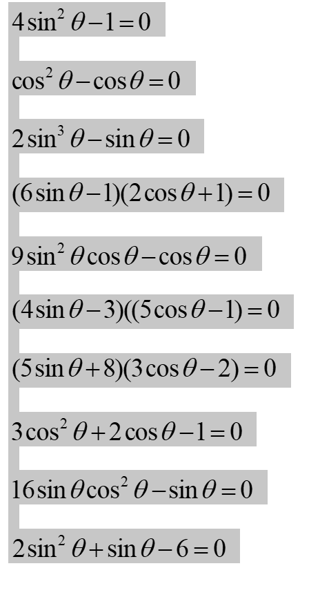 Solved 4sin2θ−1=0cos2θ−cosθ=02sin3θ−sinθ=0(6sinθ−1)(2cosθ+1) | Chegg.com