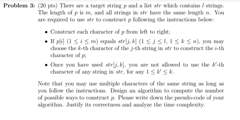Solved Problem 3: (20 pts) There are a target string p and a | Chegg.com