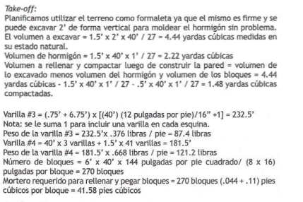 Take-off: Planificamos utilizar el terreno como formaleta ya que el mismo es firme y se puede excavar 2 de forma vertical pa