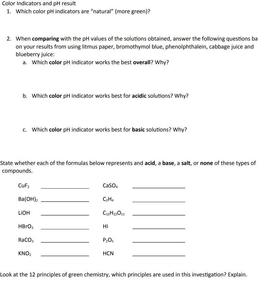 Solved Color Indicators and pH result 1. Which color pH | Chegg.com