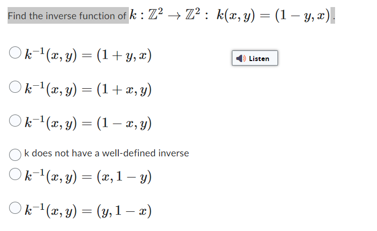 the inverse function of \( k: \mathbb{Z}^{2} \rightarrow \mathbb{Z}^{2}: k(x, y)=(1-y, x) \) \[ \begin{array}{l} k^{-1}(x, y)