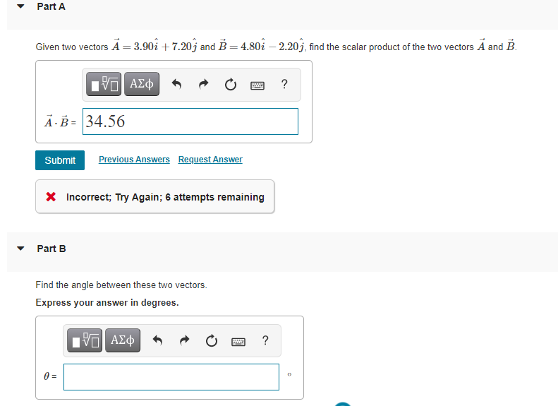 Solved Part A Given two vectors Ā=3.90î + 7.20 and B = 4.80 | Chegg.com