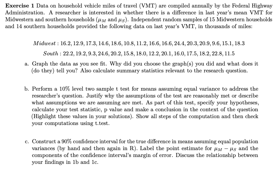 Solved Exercise 1 Data on household vehicle miles of travel | Chegg.com
