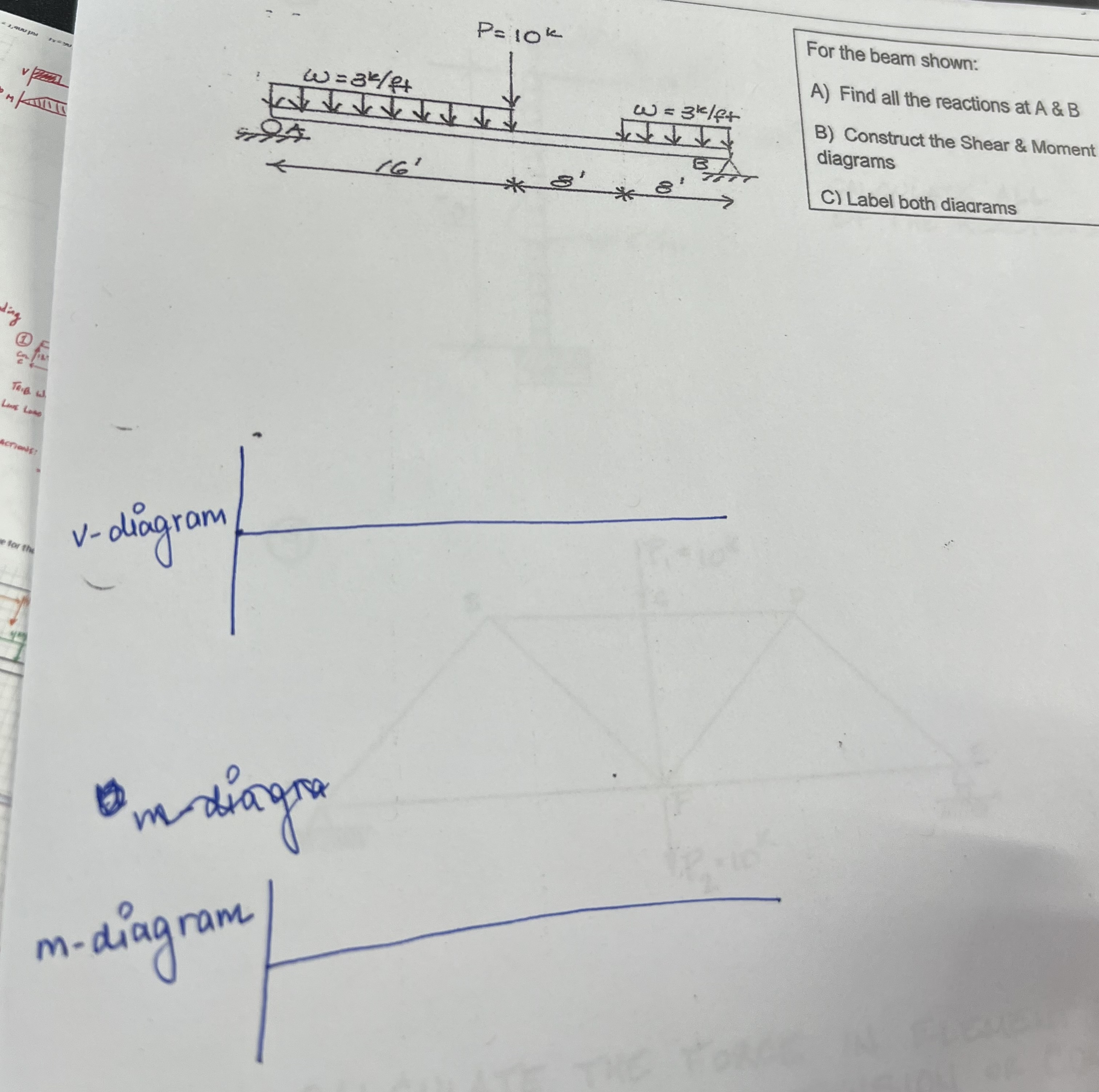 Solved For The Beam Shown: A) Find All The Reactions At A&B | Chegg.com