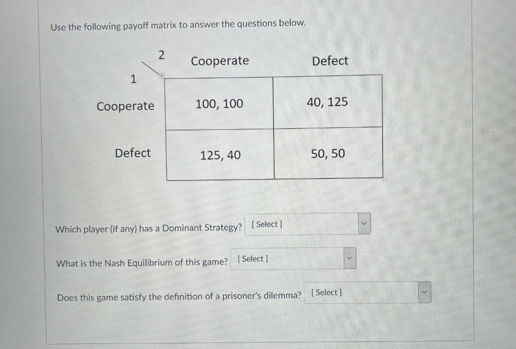 Solved Use The Following Payoff Matrix To Answer The | Chegg.com