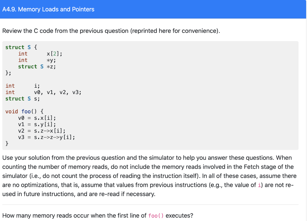 Solved A4.9. Memory Loads and Pointers Review the C code | Chegg.com